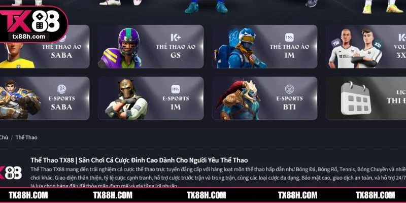 Danh mục bộ môn TX88 đa dạng, từ bóng đá, Esports cho đến thể thao ảo